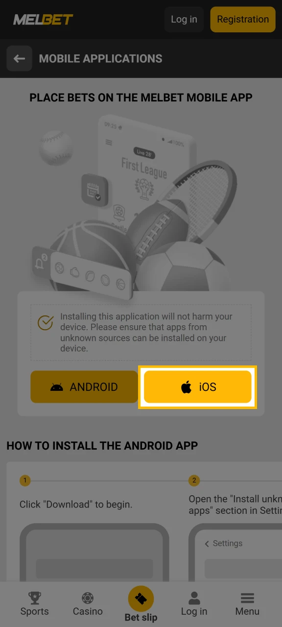 Select the iOS option to get the Melbet official app.