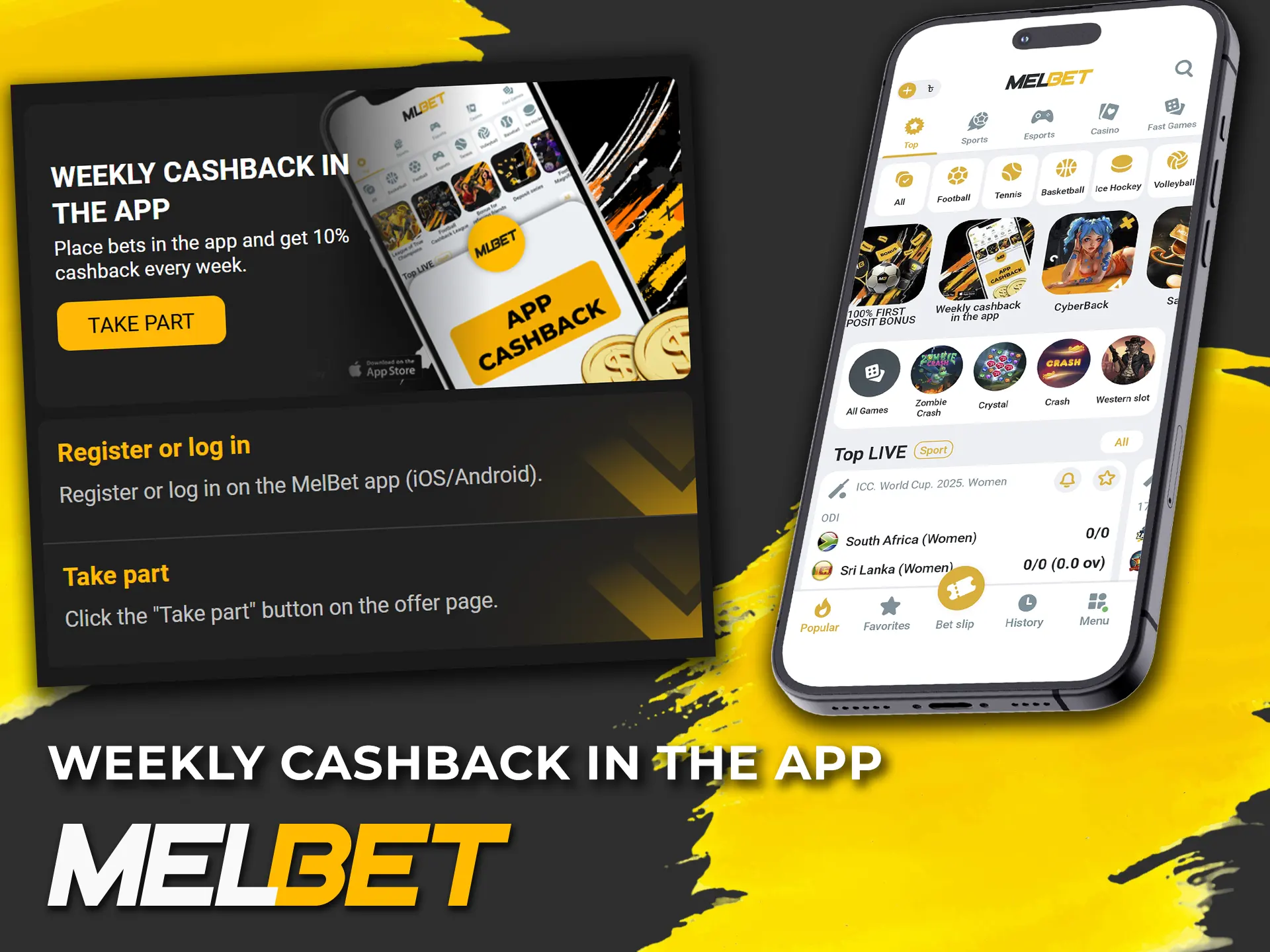 Make a deposit and receive Melbet weekly bonus with cashback in the app.