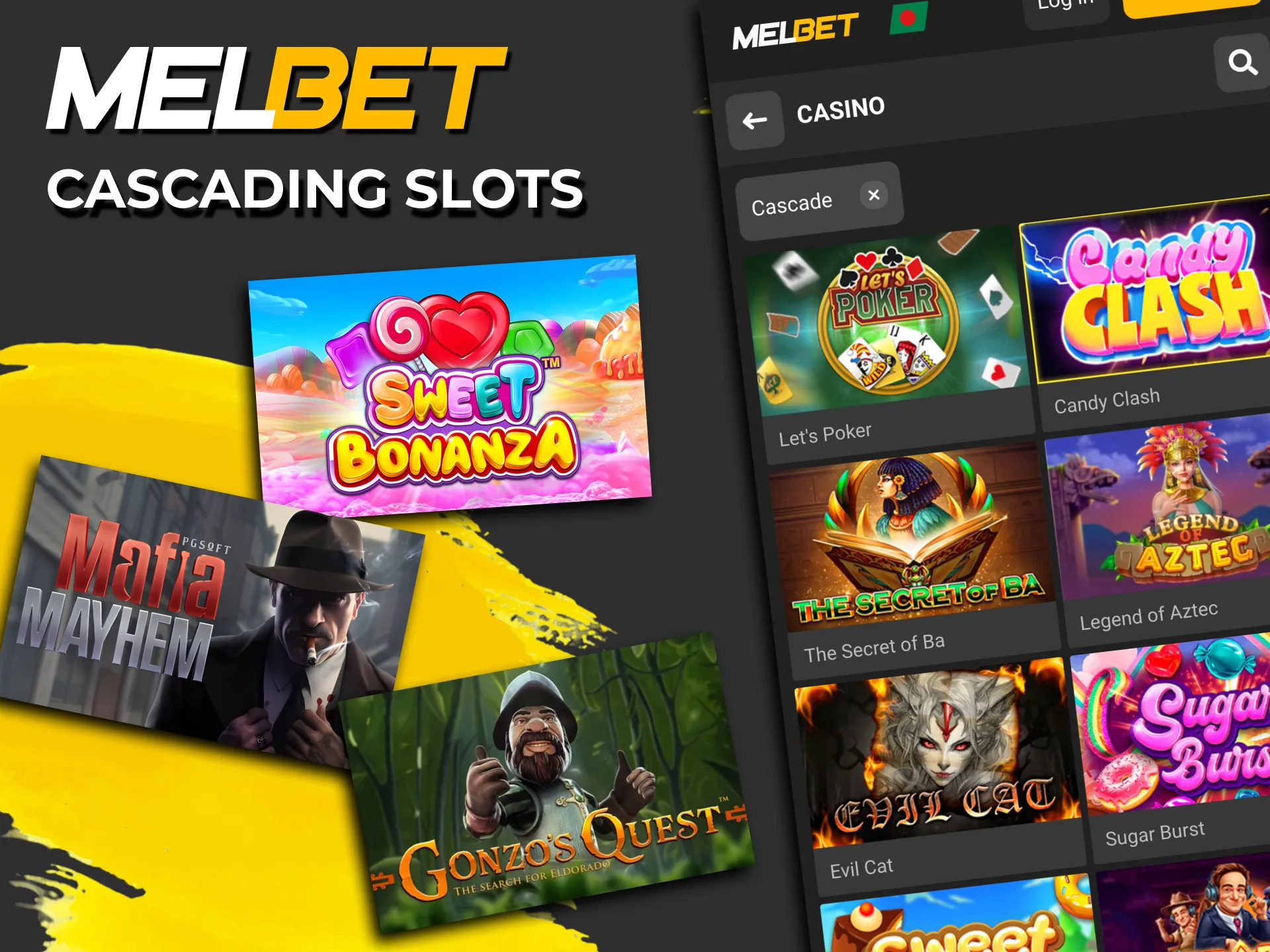 Melbet slots with cascading symbol drops.